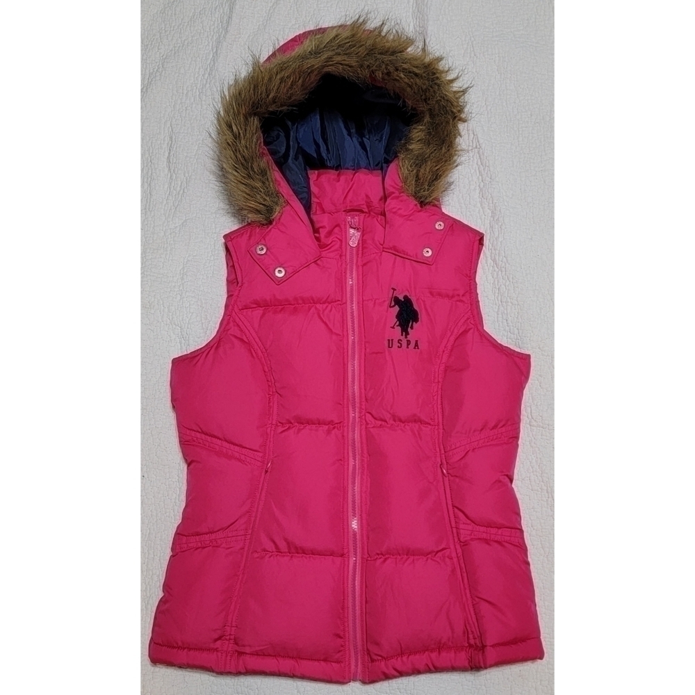 U.s. Polo Assn. Pink Puffer Vest with Faux Fur Hood